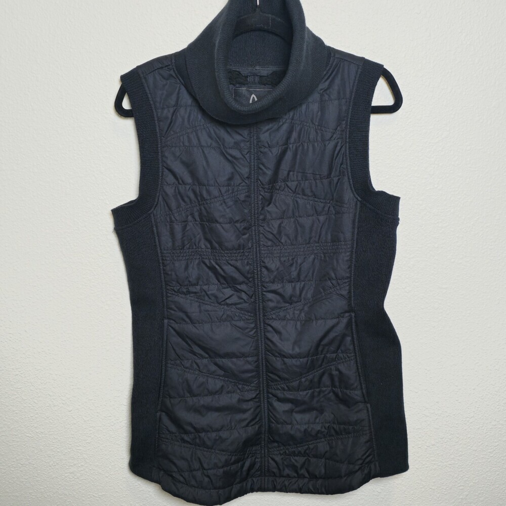 prAna Women’s Quilted Fleece Vest Small Black Cowl Neck Outdoor Hiking